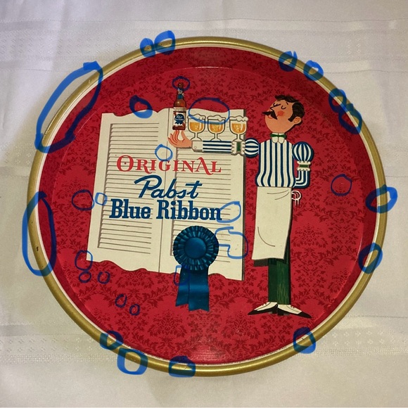 VINTAGE ORIGINAL PABST BLUE RIBBON BEER METAL BEER SERVING TRAY 1960's 13" - Picture 5 of 12